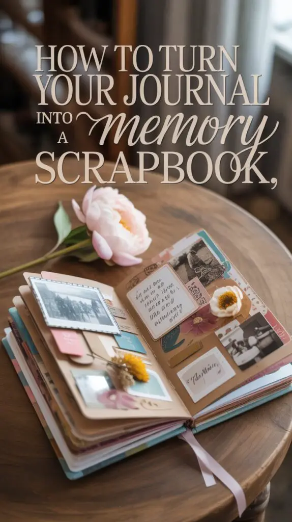 Open scrapbook journal with printed photos, pressed flowers, colorful stickers, and handwritten notes. Journal ideas aesthetic mixing memory-keeping with creative layouts