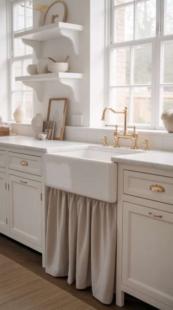 “Bright white modern farmhouse kitchen featuring a classic apron-front farmhouse sink with a soft white linen sink skirt, surrounded by shaker cabinets, brass hardware, marble countertops, and minimal open shelving with white ceramic decor. Clean, airy styling with natural daylight highlighting the vintage-meets-modern look.”