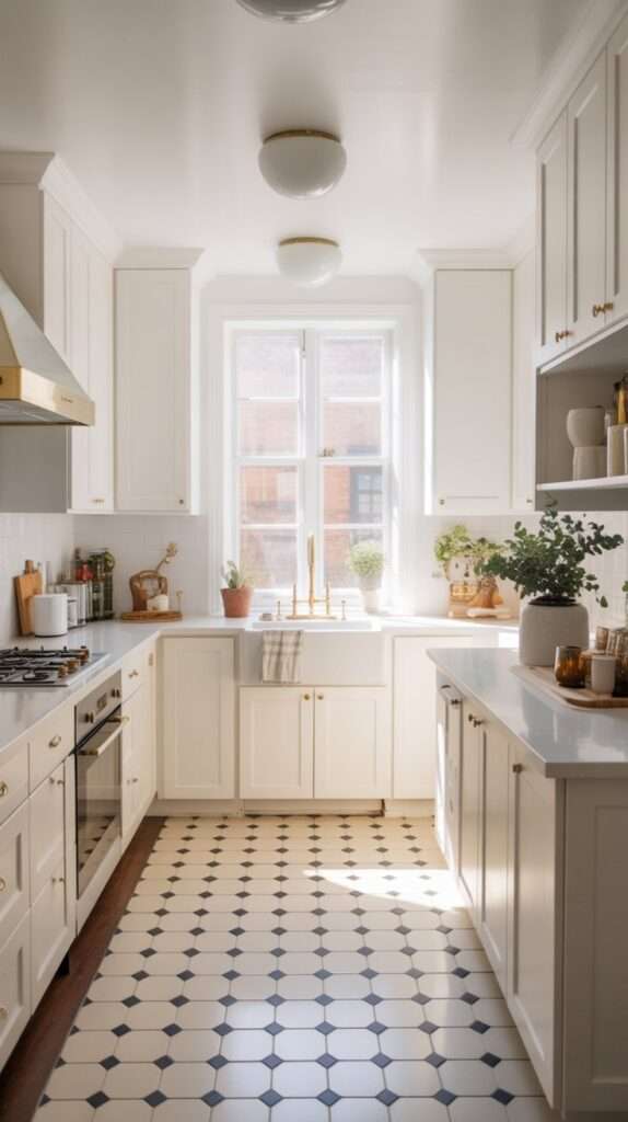 “Neutral checkered kitchen floor in soft beige and cream tones inside a modern white farmhouse kitchen with shaker cabinets and brass details. The clean geometric pattern adds subtle vintage charm to the fresh, minimalist space.”
