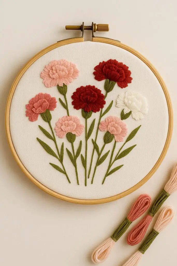 Carnation embroidery deep red fall romantic design