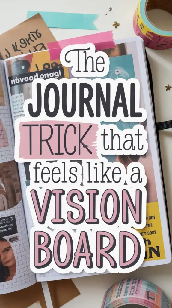 Journal spread styled as a vision board with magazine cutouts, washi tape, and journal stickers. Aesthetic scrapbook journal idea mixing bullet journal and junk journal styles.