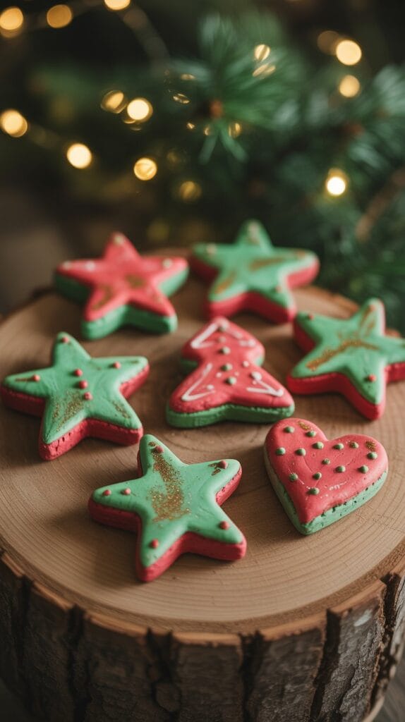 salt dough ornaments with cookie cutters, painted red and green.