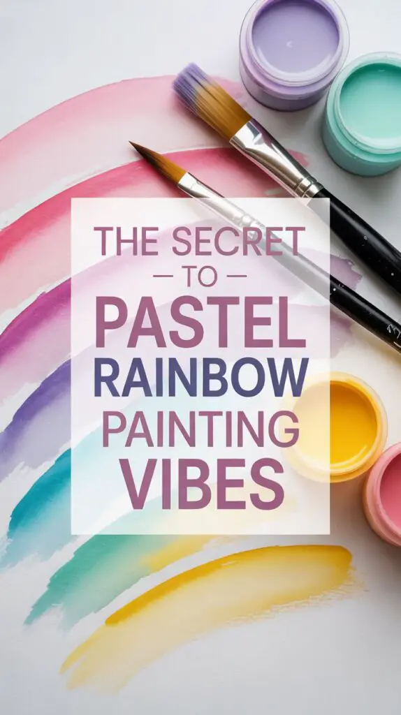 watercolor brushes and pastel paints (pink, lilac, mint, yellow) spread on white paper with soft rainbow-like strokes.
