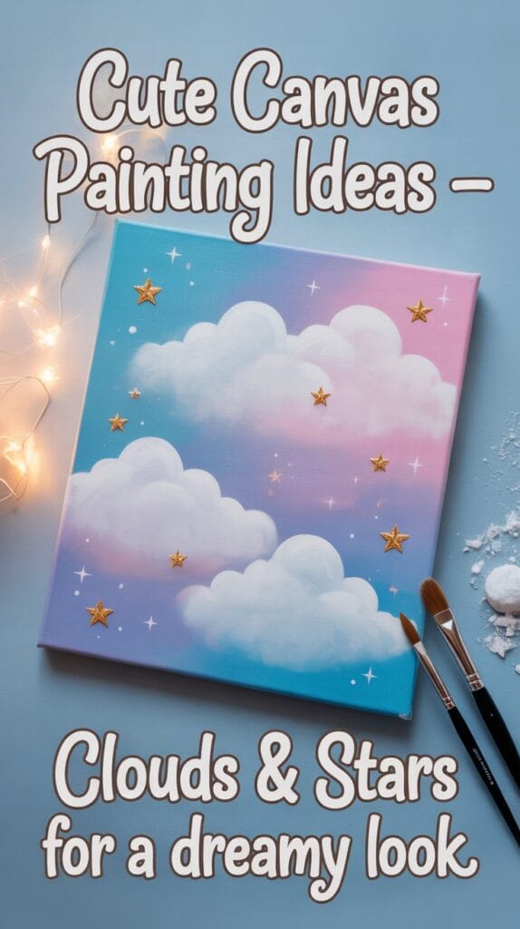 Fluffy clouds against a soft-colored background, scattered with scattered stars and a tiny moon.
