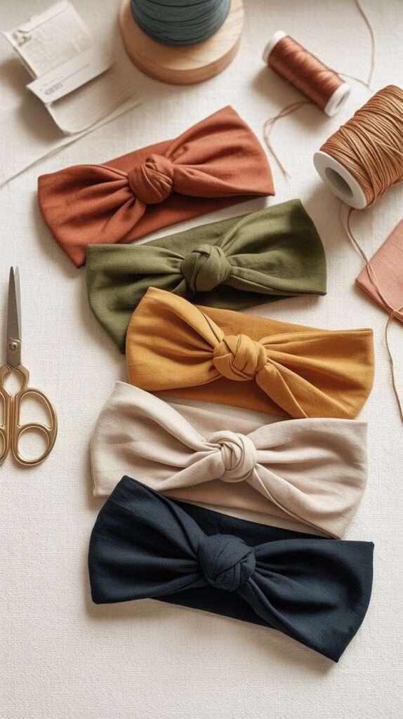 Handmade fabric headband sewn from cotton fabric scraps in soft floral print
