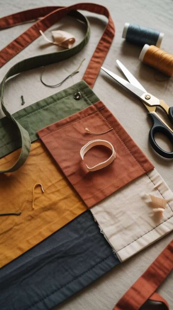 Scrap fabric apron with patchwork design and adjustable neck straps
