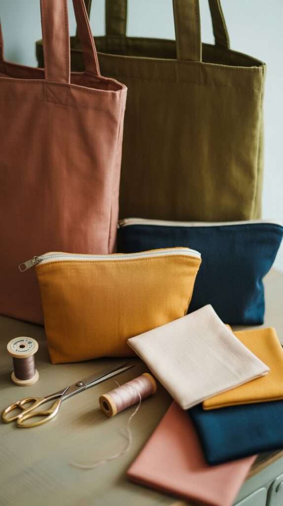 Small handmade zipper pouch made from cotton fabric scraps with contrast lining
