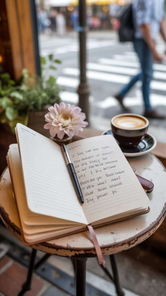 Travel journal opened to a half-page layout with a short note on top and the bottom half left blank, surrounded by journaling supplies and soft natural light.