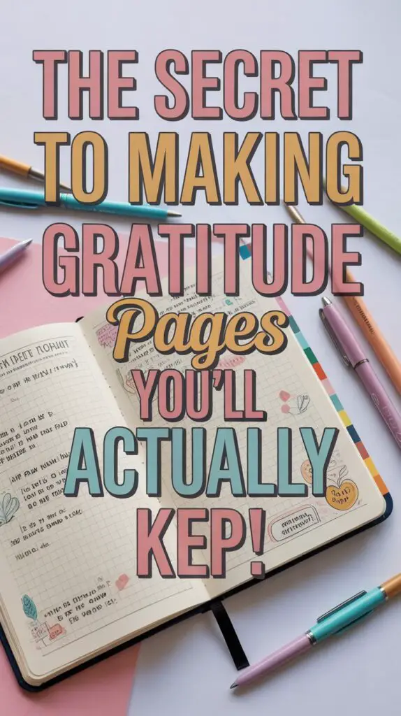 Open journal with colorful gratitude notes and doodles, surrounded by pastel pens and stickers. Aesthetic journal idea for beginners, perfect for bullet journal pages or sketchbook art journal.