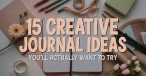 Aesthetic flat lay of creative journals open with doodles, washi tape, pressed flowers, and cozy stationery on a desk. Overlay text says “15 Creative Journal Ideas You’ll Actually Want to Try”.