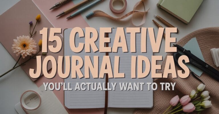 Aesthetic flat lay of creative journals open with doodles, washi tape, pressed flowers, and cozy stationery on a desk. Overlay text says “15 Creative Journal Ideas You’ll Actually Want to Try”.