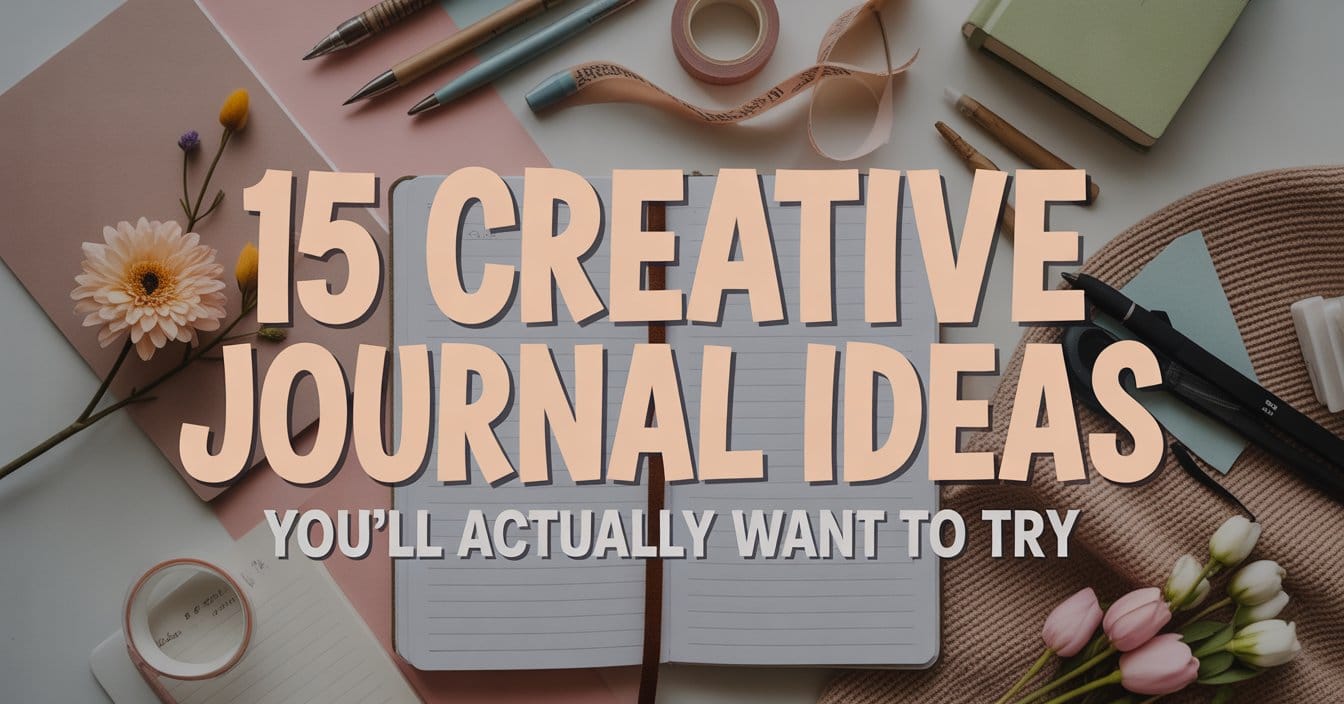 Aesthetic flat lay of creative journals open with doodles, washi tape, pressed flowers, and cozy stationery on a desk. Overlay text says “15 Creative Journal Ideas You’ll Actually Want to Try”.