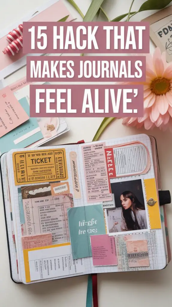 Messy chic junk journal collage filled with ticket stubs, receipts, doodles, and scraps. Creative journal idea that captures everyday memories with a scrapbook vibe.