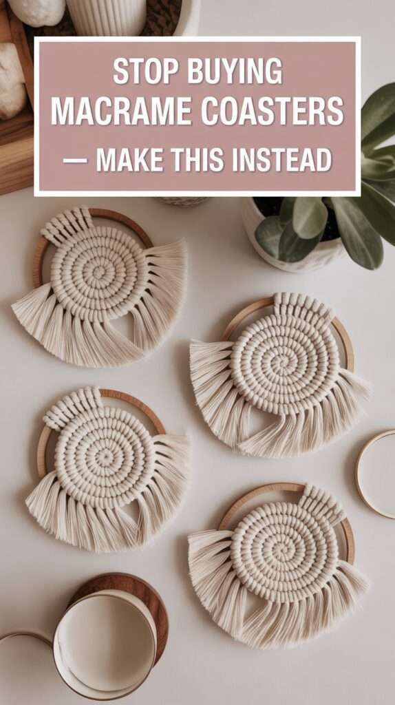 Round macrame coaster made with braided cotton cord, boho style, natural color, minimalist table decor.
