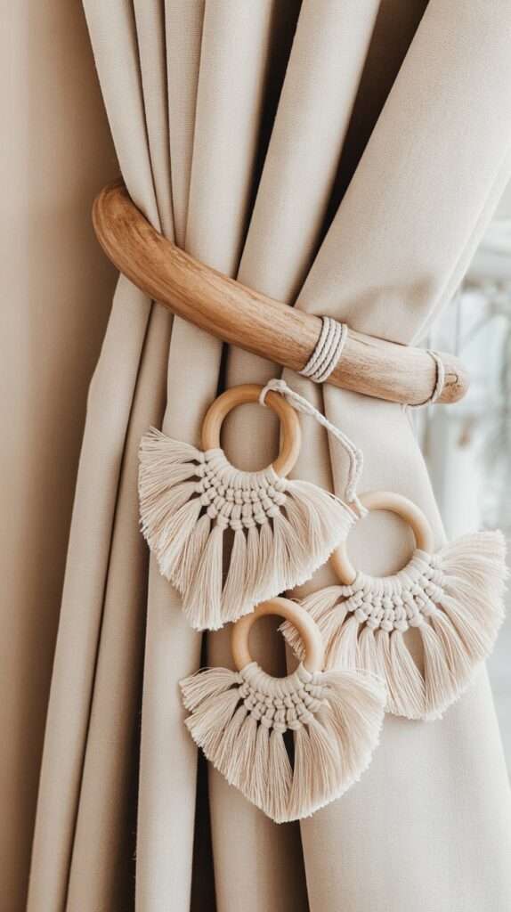 Handmade macrame curtain tieback holding a linen curtain, boho rope knot design, neutral cotton cord, minimalist home decor.