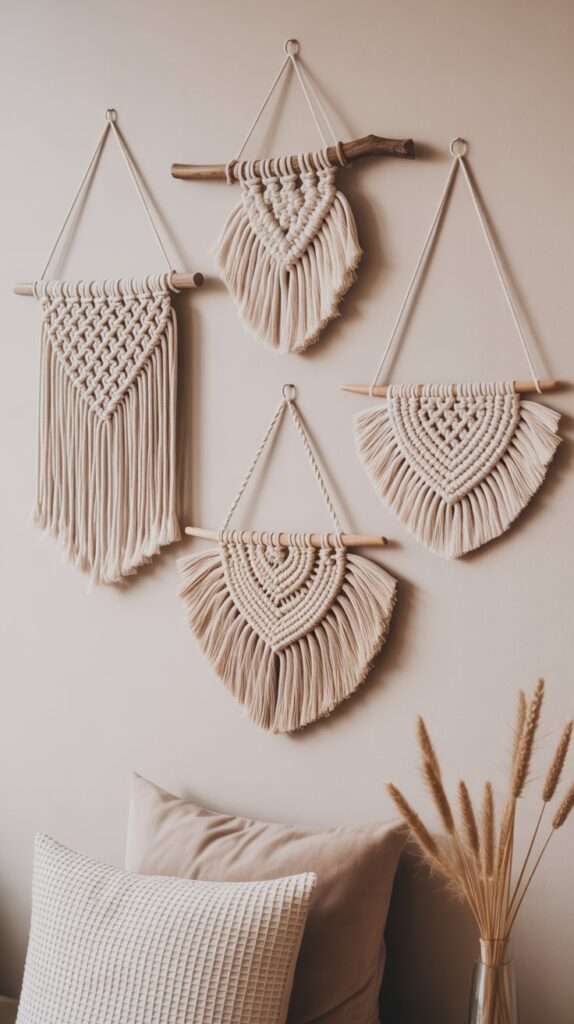 Handmade macrame curtain tieback holding a linen curtain, boho rope knot design, neutral cotton cord, minimalist home decor.