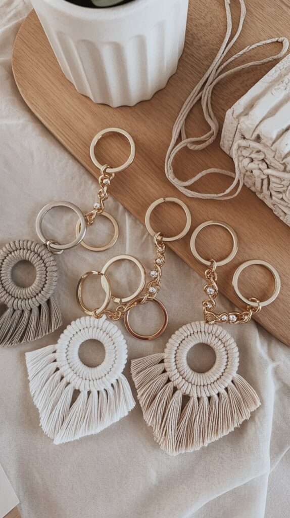 Handmade macrame keychain with metal clasp, twisted cotton rope, small gift craft, boho accessory.