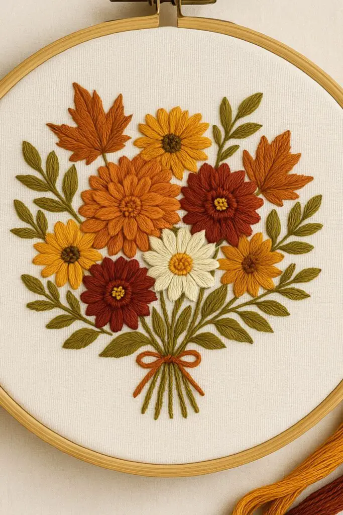 Autumn bouquet embroidery hoop with asters zinnias and roses