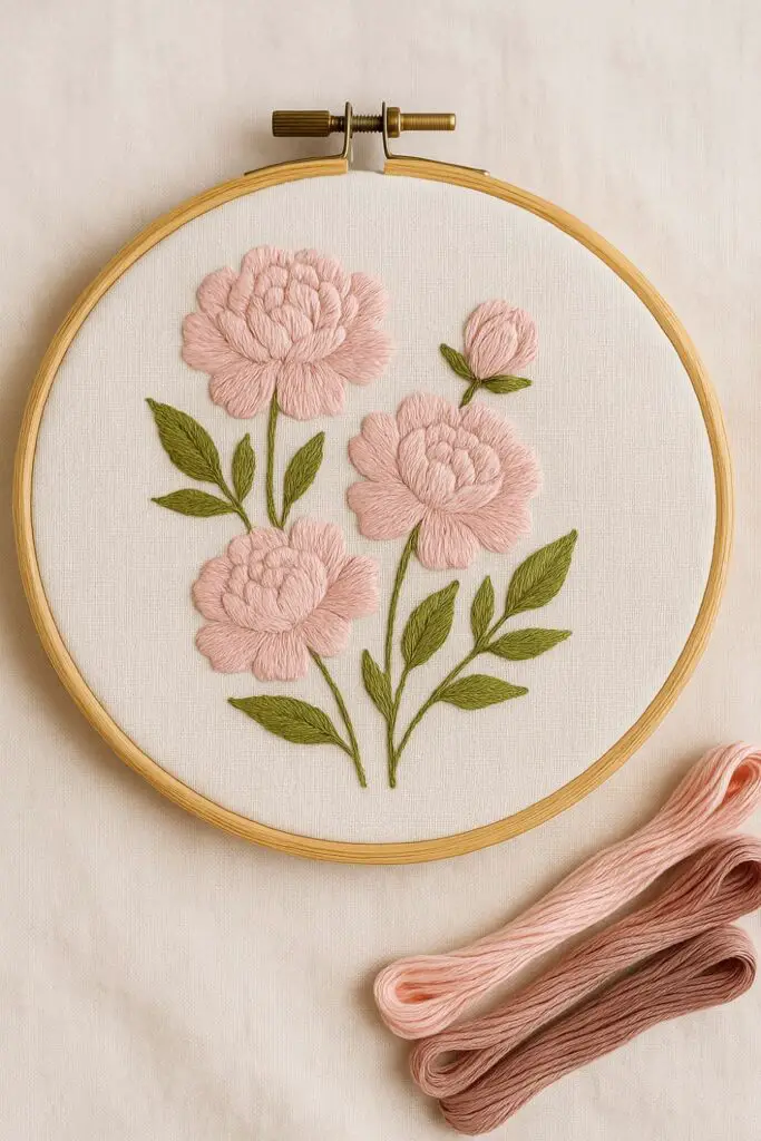 Peony embroidery burgundy flower handmade