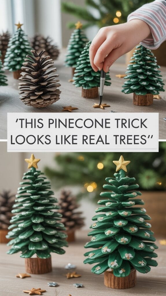 Mini pinecone Christmas trees painted green with glitter and tiny stars, kids decorating them.