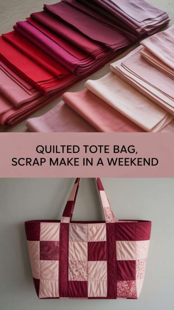 Patchwork tote bag sewn from colorful fabric scraps with quilted texture
