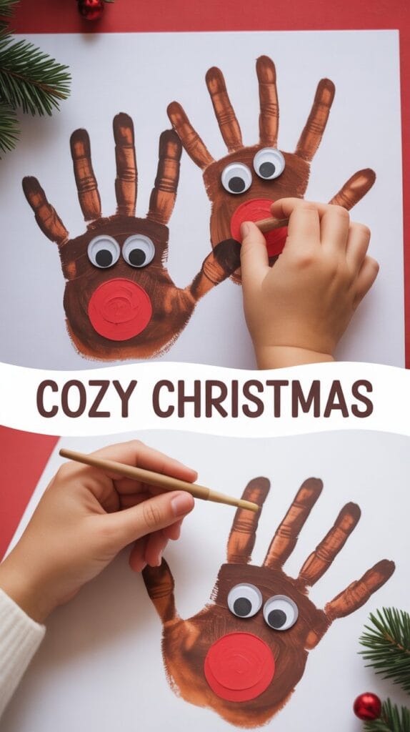 Cute craft with kids tracing and painting reindeer from handprints, googly eyes added