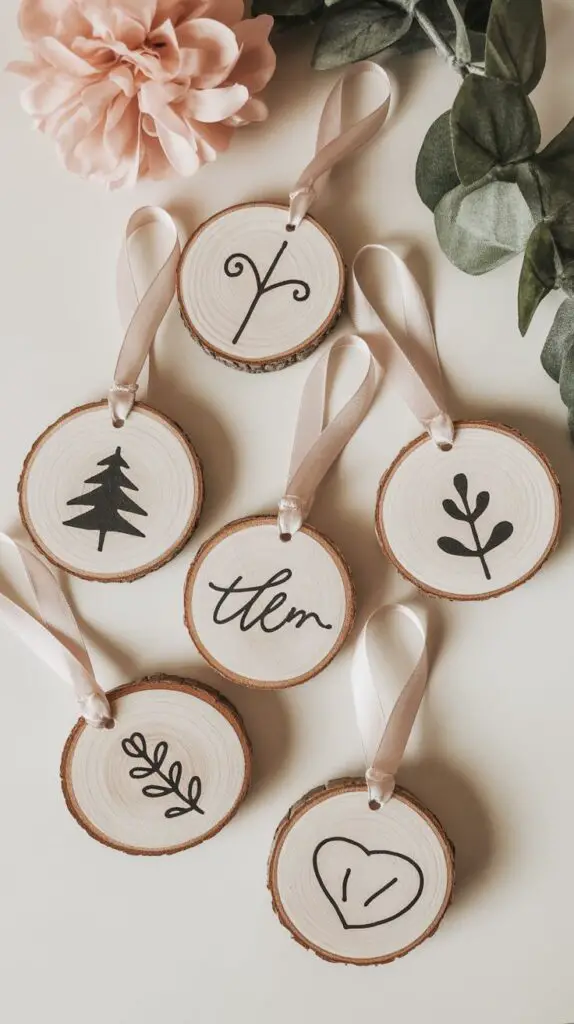 Handmade wood slice ornaments painted with chic minimalist designs and ribbon for hanging. Small wood crafts and scrap wood projects for holidays.
