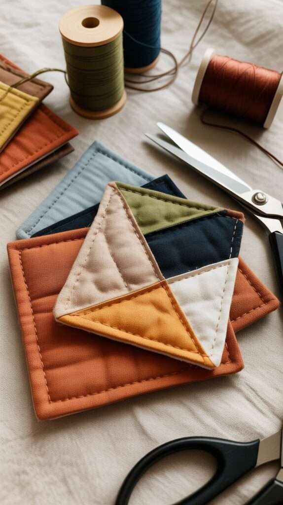 Small quilted fabric coasters made from cotton scraps in modern patchwork style
