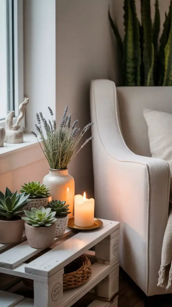 Small wooden pallet shelf mounted on a wall, decorated with plants and candles. Easy wooden project using scrap wood ideas for home decor.