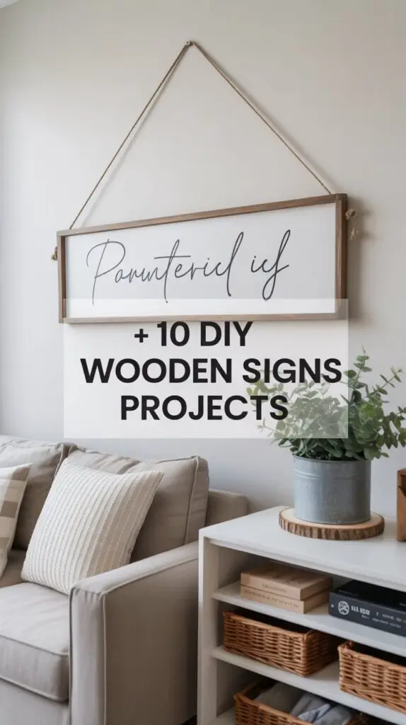 Minimalist wooden sign with inspirational quote painted on a plank, rustic chic wall decor. Simple wood craft idea for home styling.