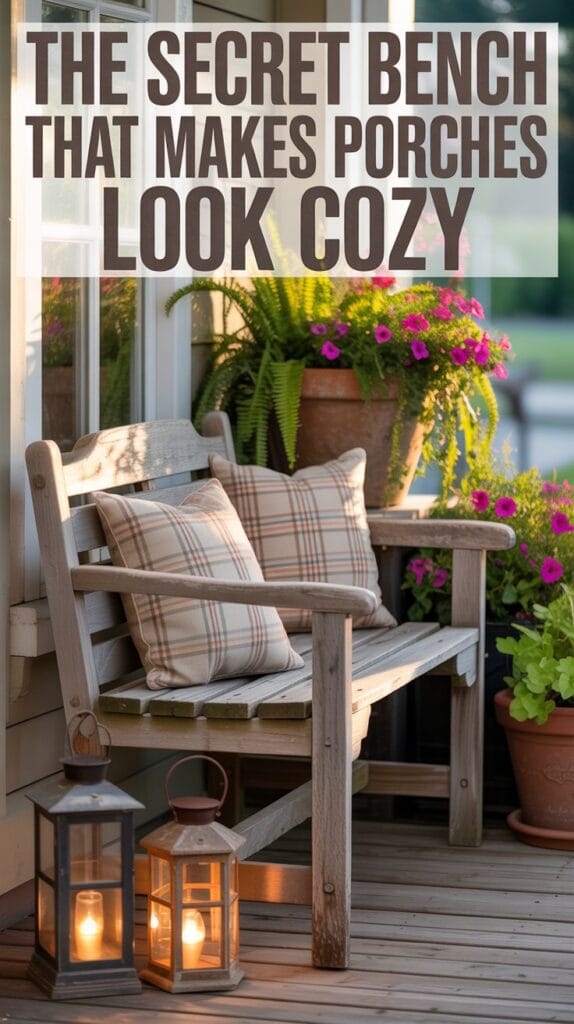 Small porch chair draped with cozy plaid blanket, layered vintage decor style
