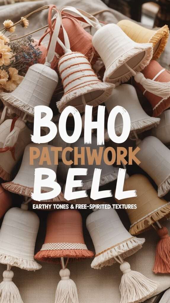 Boho-style patchwork fabric bell ornament made with linen, mustard, terracotta, and cream fabrics, featuring lace and tassel details on a rustic rattan tray. Earthy handmade Christmas decor in warm bohemian tones.