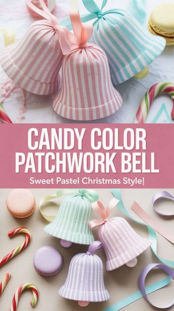 Pastel patchwork bell ornaments in pink, mint, aqua, and lilac fabrics with polka dots and stripes, styled with candy canes and ribbons on a bright white background. Playful handmade Christmas craft in candy colors.