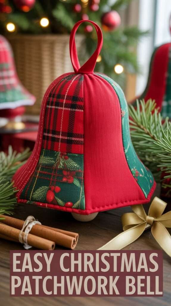 Classic red, green, and gold patchwork fabric bell ornament with plaid and holly prints, surrounded by pine branches, cinnamon sticks, and fairy lights. Traditional Christmas sewing idea with cozy festive tones.