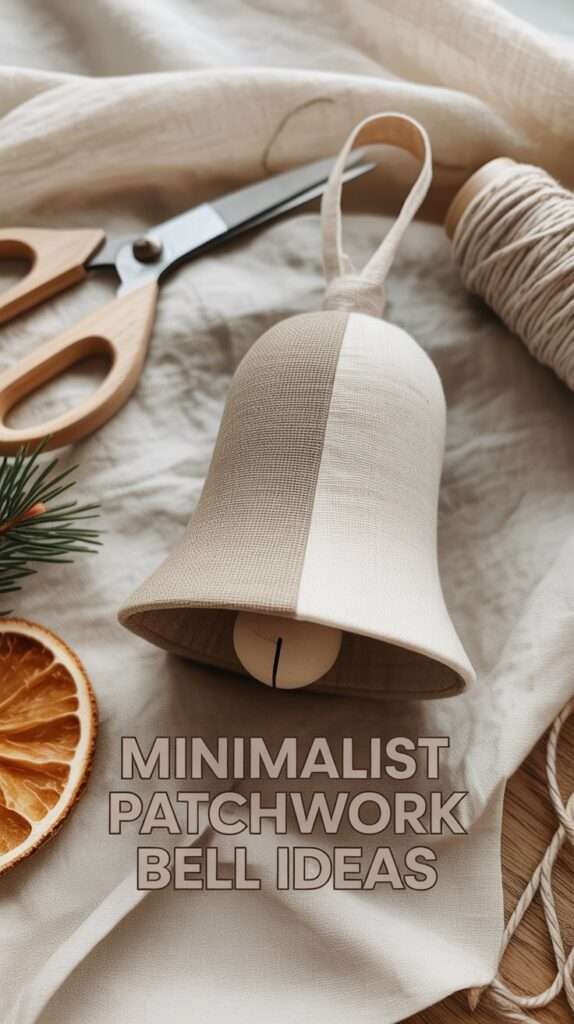 Minimalist patchwork fabric bell ornament made from ivory linen and soft beige cotton, photographed on a white linen table with natural sunlight. Neutral Scandinavian Christmas decor with calm, elegant handmade details.