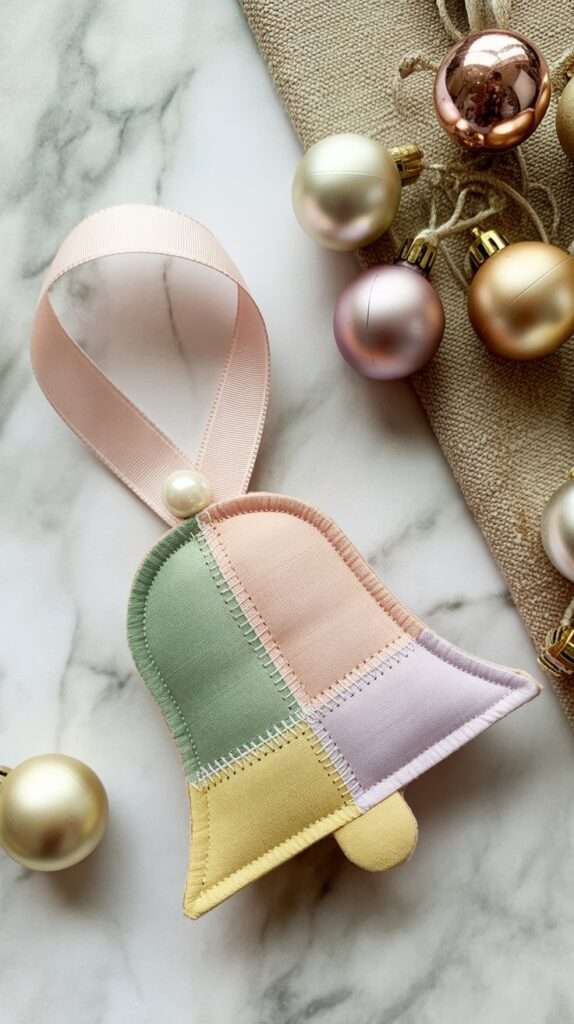 Modern pastel patchwork bell ornament in blush pink, sage green, pale gold, and lavender tones, styled on a light linen background with silk ribbon and pearl detail. Soft elegant handmade Christmas decoration.