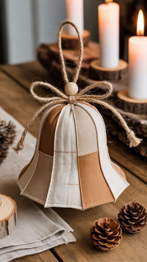 Rustic neutral patchwork fabric bell made from burlap, linen, and cotton in beige and brown tones, decorated with jute string and a wooden bead. Cozy farmhouse Christmas ornament idea.