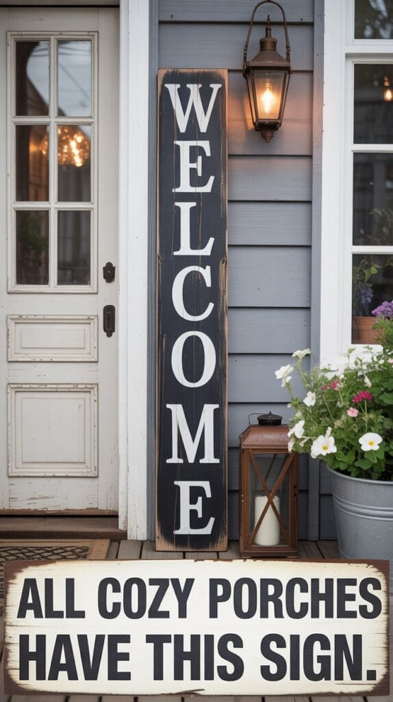 Rustic wooden porch sign with welcome message leaning by front door, vintage farmhouse entry decor.
