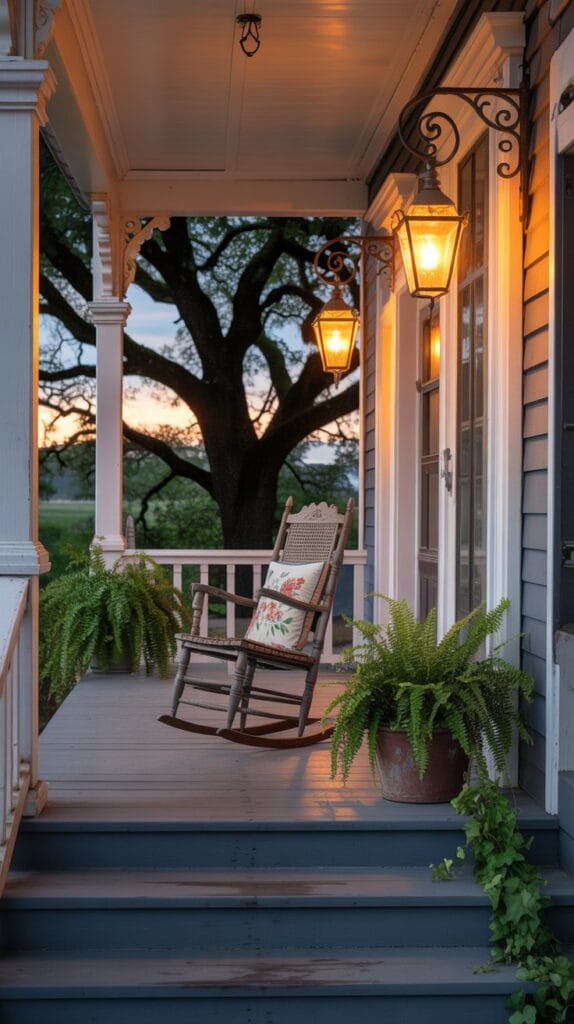 Cozy small front porch decorated with vintage lanterns glowing with warm light for charming entryway.