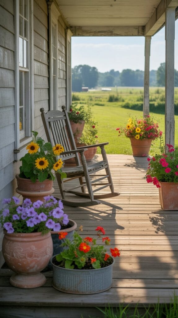 Hanging flower baskets with colorful trailing blooms on small front porch, cottage vintage garden style.