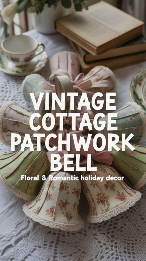 Vintage-inspired floral patchwork bell ornament in faded pink and green fabrics with lace trim and pearl button, resting on a crochet tablecloth with soft natural lighting. Romantic feminine cottage-style Christmas craft.