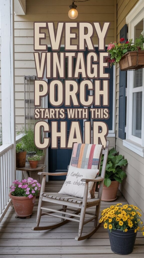 Classic white wooden rocking chair on small front porch with plaid blanket, nostalgic vintage charm.