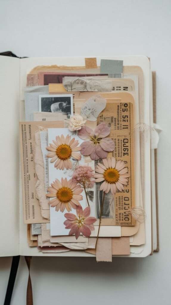 Flatlay of journaling supplies including washi tape, paper pieces, scissors, glue stick and printed aesthetic stickers used for creative journaling.