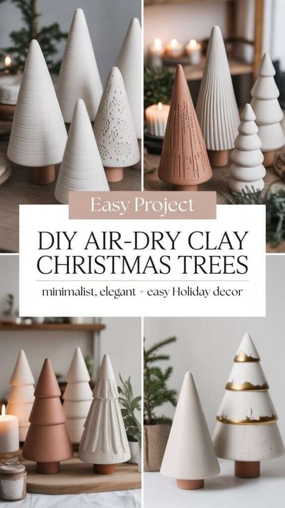 Minimalist air-dry clay Christmas trees in matte white finish displayed on a wooden shelf with soft natural lighting and Scandinavian neutral holiday decor.