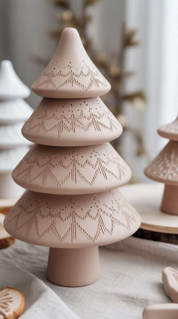 Close-up of an air-dry clay Christmas tree with lace texture pressed into the surface, handmade and neutral Scandinavian holiday decoration.