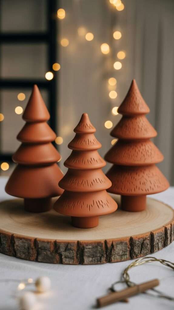 Terracotta air-dry clay Christmas tree with rustic farmhouse styling, displayed on a wood slice with greenery and warm fairy lights in the background.