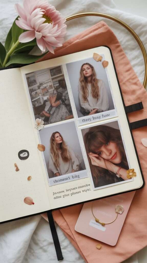 Art-style travel journal page decorated with cut-out stickers, floral elements, washi tape and a handwritten paragraph.