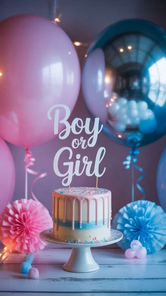 “Winter gender reveal setup with a frosted cake, snowflake confetti and soft pink and blue highlights creating a magical snowy atmosphere.”