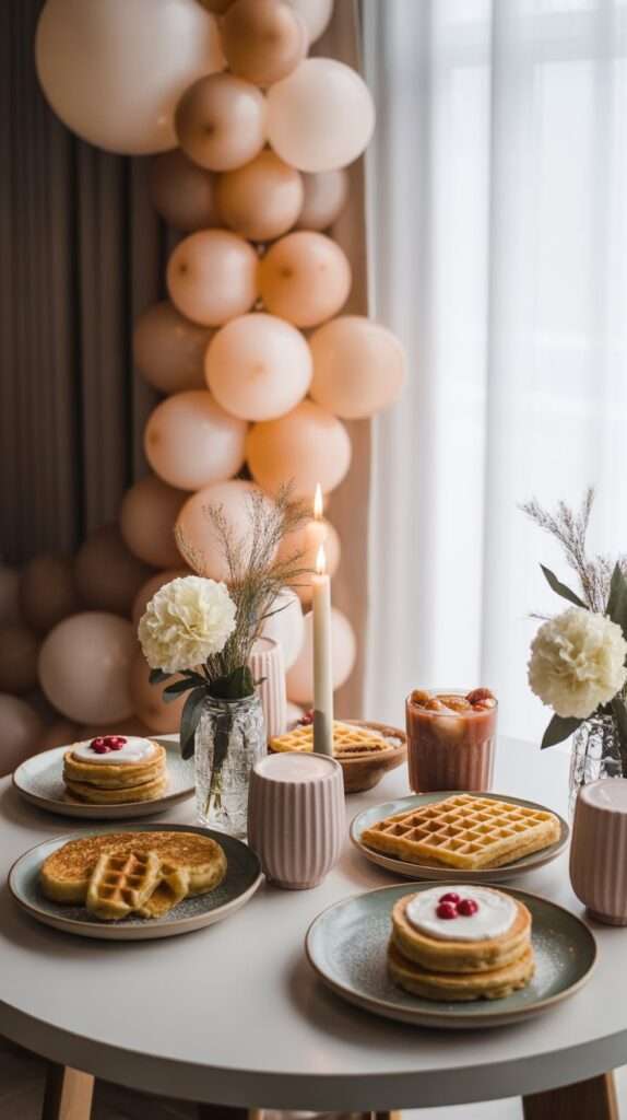 “Brunch table filled with pastries, pancakes, waffles and winter greenery, styled with soft morning light for a cozy winter baby shower look.”