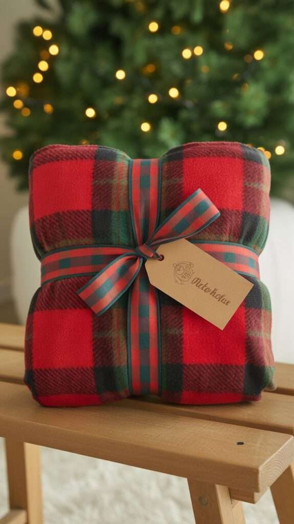 Completed no-sew fleece blanket folded neatly and tied with a plaid ribbon and kraft gift tag, displayed in a cozy Christmas setting.
